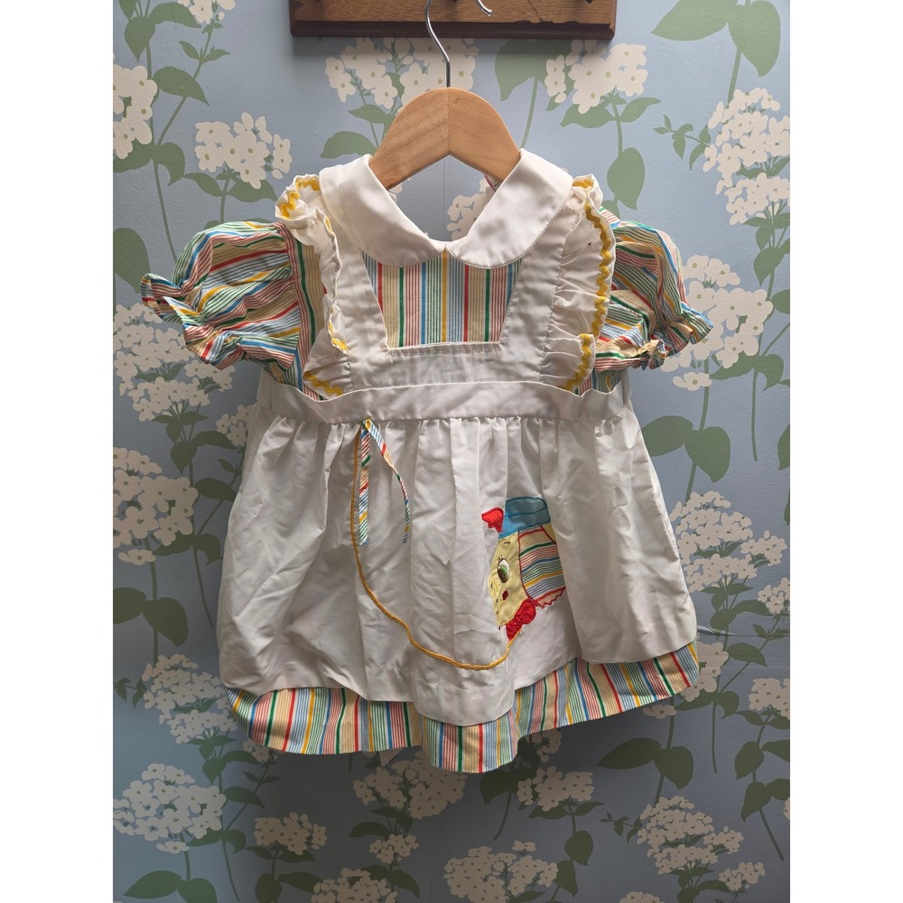 Vintage Toddler P Rainbow Stripe Pinafore Dress White Ruffle Apron Clown Size 2T